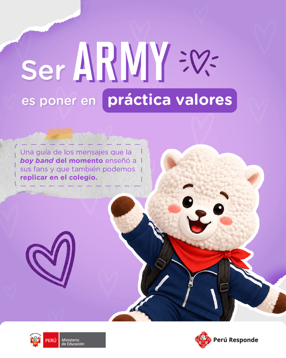 MineduPeru's tweet photo. Si llevas a BTS en tu corazón, también llevas sus valores 💜

Los mensajes que representan a las ARMY pueden inspirarnos en el colegio: amor propio, amistad, respeto, solidaridad y compromiso para cuidar nuestras emociones y construir espacios para el aprendizaje seguro. 💜✨ https://t.co/50LcZxAvDj