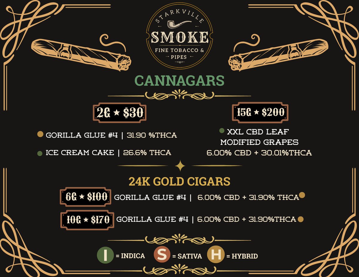 39759Smoke's tweet photo. We’ve updated our menu with our current selection of pre-rolls and cigars. 
Questions? Message us. We're always glad to help!
#StarkvilleMS #smallbusinessmarketing #starkvegas #Hemp #cannabiseducation https://t.co/3P3cXiE14k