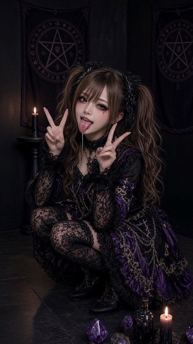 A young woman in gothic-style clothing—featuring black lace, purple fabric, and dark ribbons—poses with both hands making peace signs while sticking her tongue out, surrounded by occult symbols and lit candles.