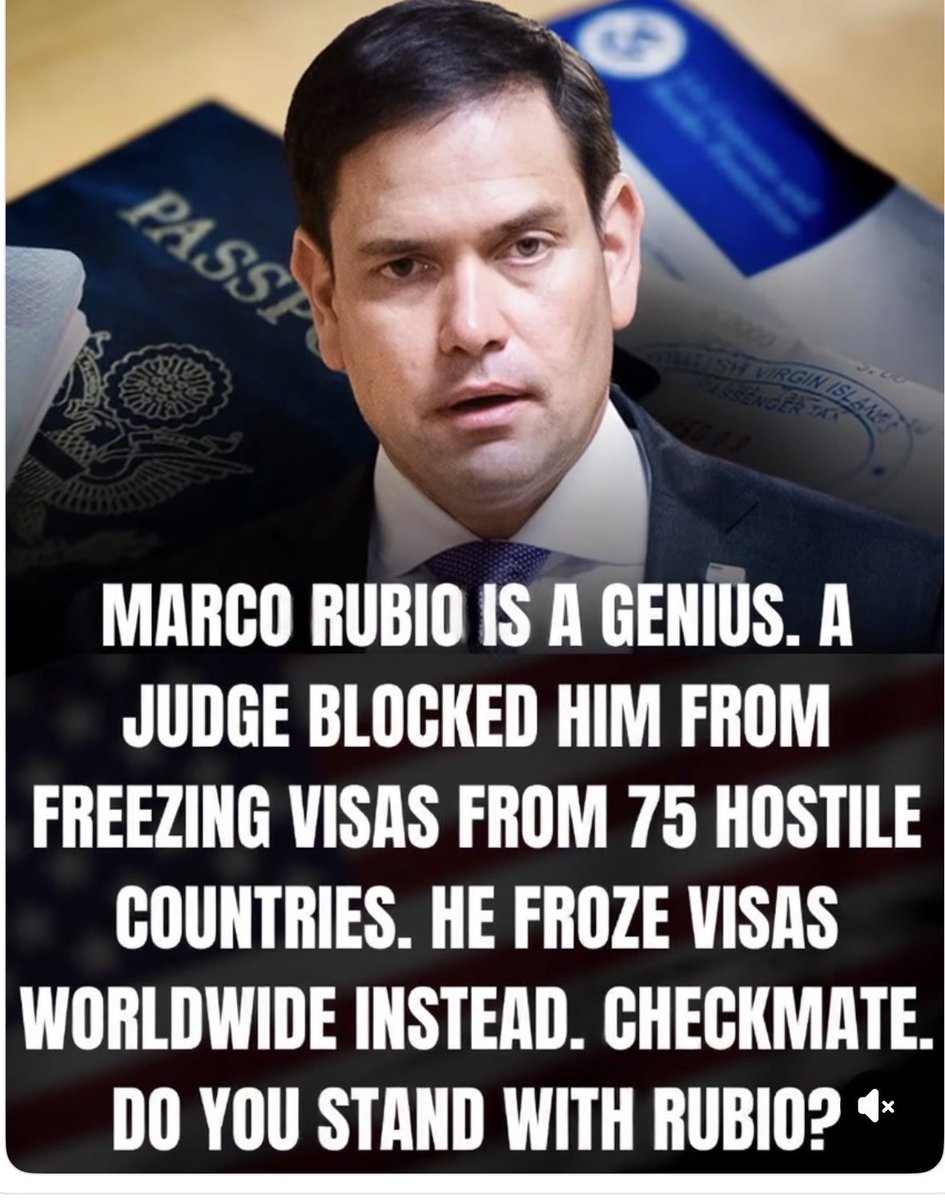 eagameover's tweet photo. A federal judge tried to box in the State Department and stop a visa freeze aimed at countries that have exported fraud, welfare dependence, and security risk. The answer was not a press conference. It was a broader pause that put every immigrant visa file under the same public-charge screen.

That is what serious enforcement looks like. If nationality-based limits get tossed, the standard applies everywhere, allies included. No carve-outs, no special pleading, no assumption that an approved petition is the same thing as a right to enter.

Americans are tired of courts treating the border as a suggestion. Screening for self-sufficiency is not cruelty. It is the minimum a country owes its own citizens. Stand with Rubio.