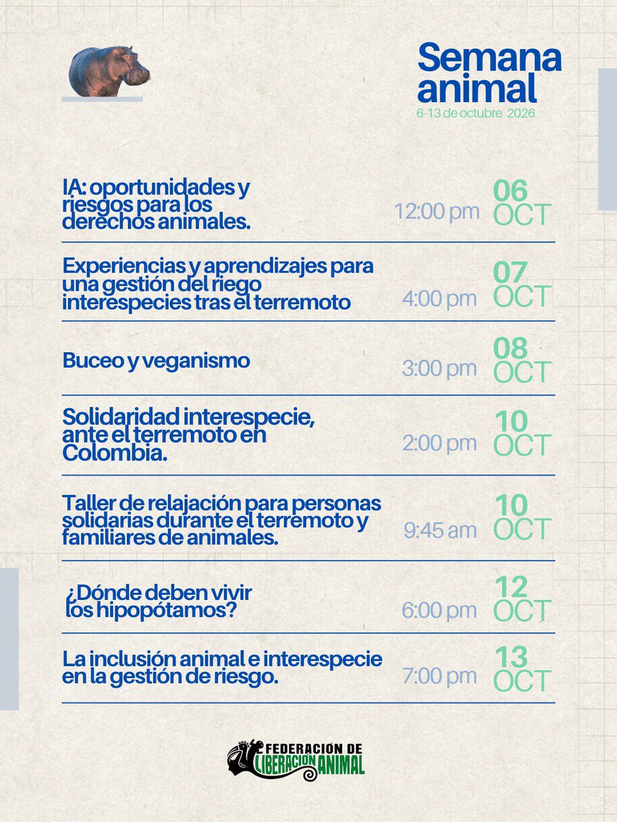 fdlanimal's tweet photo. Semana Animal 2026

Del martes 6 hasta el martes 13 de octubre tendremos espacios presenciales y virtuales para dialogar sore diversas experiencias e ideas que orbitan la causa animal.

Tendremos invitadas/os de diferentes partes del país y un invitado internacional. https://t.co/QhgHZU6kc5