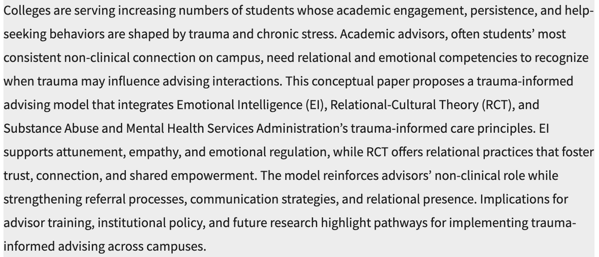 NACADAJournal's tweet photo. Today from 46(1) we highlight "Emotional Intelligence and Relational-Cultural Theory as a Framework for Trauma-Informed Academic Advising" by Jolina Bruno Halloran. @NACADA #AcAdv Read it here: https://t.co/qfLfTkZ0Fl https://t.co/ZhFa9Lrlt5