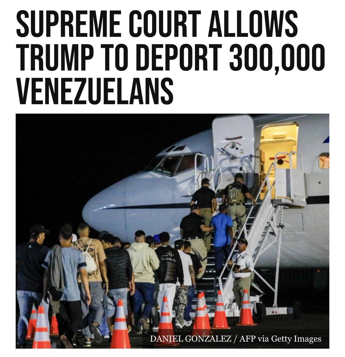 GuntherEagleman's tweet photo. 🚨 HUGE SCOTUS WIN!

The Supreme Court just cleared Trump to deport roughly 300,000 Venezuelans. Put them on the plane and send them home.

America is not a dumping ground for every crisis somebody else created. Enforce the law, protect the border, and put American citizens first. 

This is what winning looks like.