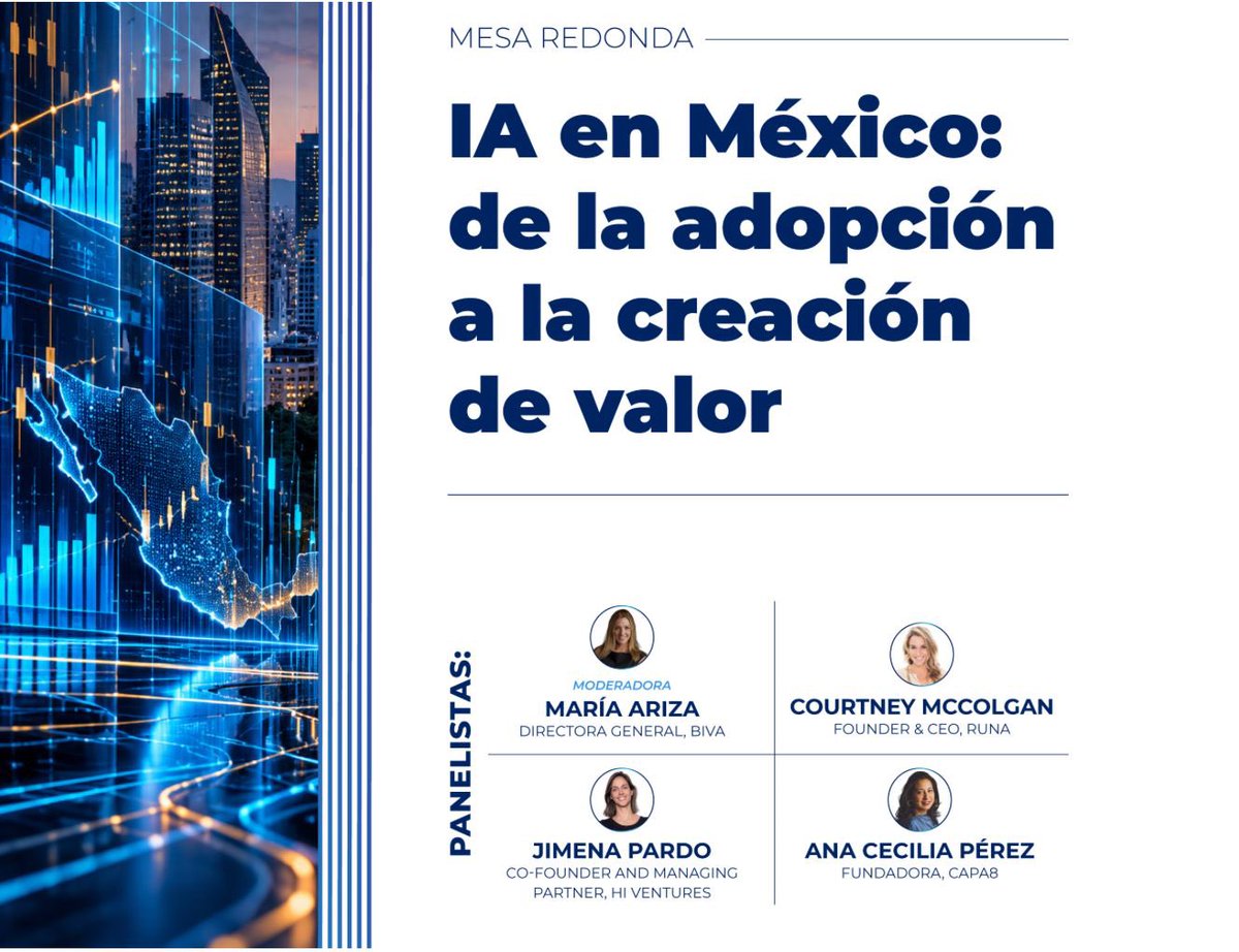iwfmexico's tweet photo. La IA ya no se trata solo de adoptar tecnología, sino de convertirla en valor.

@maria_ariza, directora general de BIVA, y @annecpr, fundadora de CAPA8, #LíderesIWFMéxico, fueron parte de la mesa “IA en México: de la adopción a la creación de valor”. https://t.co/HrRaMRjq8t