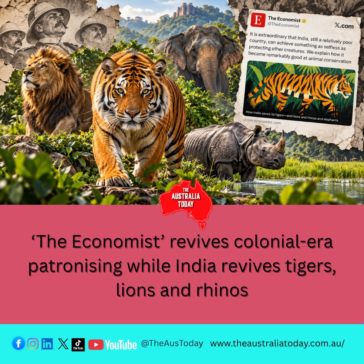 TheAusToday's tweet photo. 🐅 INDIA SAVED ITS TIGERS. 'THE ECONOMIST' STILL FOUND A WAY TO UNDERMINE. 
writes @DrAmitSarwal 

The Economist praised India’s remarkable wildlife recovery — but couldn’t resist calling it “extraordinary” that a “relatively poor country” could do something as “selfless” as protecting animals.

👉 Read our full opinion piece here
https://t.co/62qfHOdecw

That framing has sparked backlash in India, with critics calling it patronising, ignorant of history and rooted in a colonial mindset.

Long before modern conservation became fashionable, India had traditions of ahimsa, sacred groves and protection of wildlife. And decades before India became the economic power it is today, it launched major conservation programs for tigers, crocodiles, elephants, deer and dolphins.

#TheAustraliaToday #India #TheEconomist #WildlifeConservation #ProjectTiger #IndianWildlife #TigerConservation #AsiaticLion #Rhino #Elephant #ColonialMindset #MediaBias #IndiaRising @TheEconomist @Pallavi_Aus @JitarthJai @rishi_suri