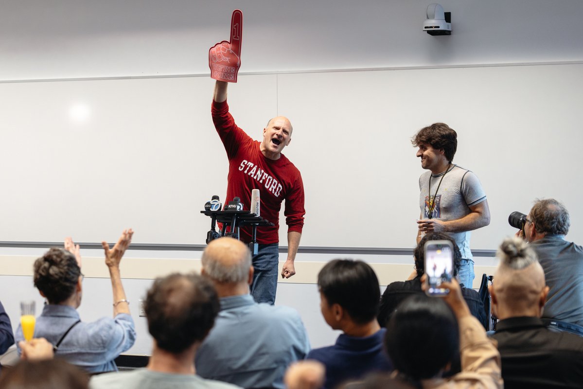 Stanford's tweet photo. Karl Deisseroth’s first day as a Nobel laureate 📷

The Stanford professor won the Nobel Prize in physiology or medicine for discoveries leading to optogenetics. His next move? Getting back to work. 

“We have a lot of things still to discover, and a lot of people to help.” https://t.co/hf58HT1pR6