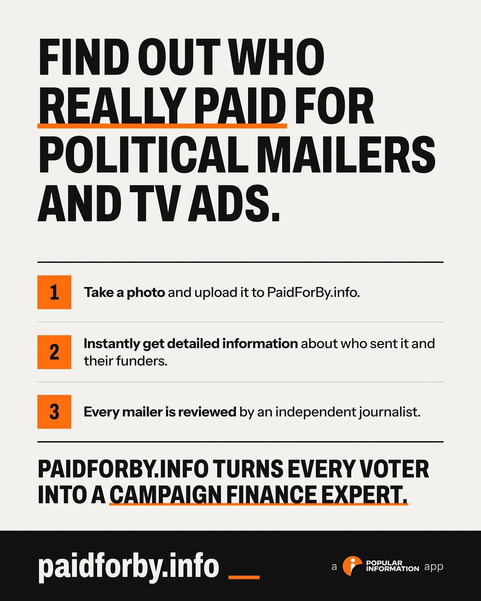 JuddLegum's tweet photo. Corporations and billionaires don’t want you to know what political messages they are funding. That’s why they make the info so difficult to find. 

PaidForBy dot info changes the game. It’s 100% free to use. Please check it out and spread the word! https://t.co/1qOvNb3r5A