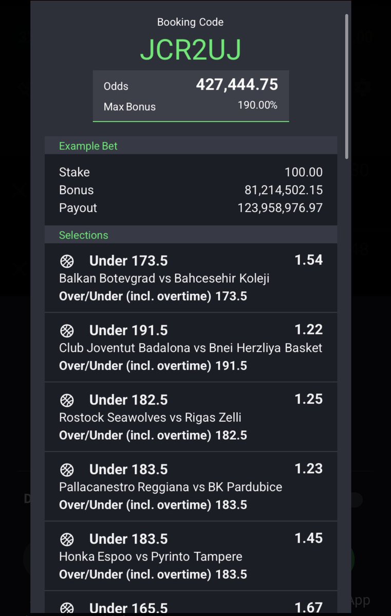 Bettips123's tweet photo. JCR2UJ
RL3V73

BASKETBALL 🏀 UNDER FT.

Edit to your best taste✍🏼
#sportybet #basketball #boom #code https://t.co/HxE4samYek