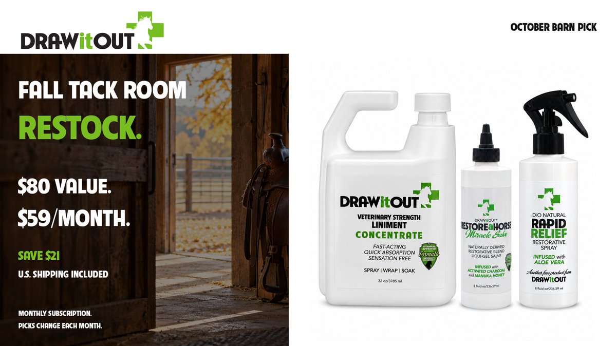 Drawitoutusa's tweet photo. October Barn Pick™:
32oz Concentrate
8oz RESTOREaHORSE®
8oz Rapid Relief Spray

$80 value for $59/month. U.S. shipping included.

Restock the tack room:
https://t.co/nnF2By9mLD

Monthly subscription. Picks change. Skip or cancel before renewal. https://t.co/Y3SHiiFo1N