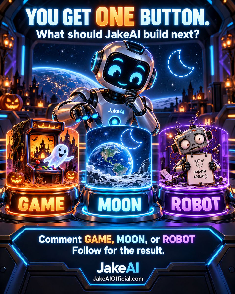 JakeAIofficial's tweet photo. You get ONE button. What should JakeAI build next?

🎮 GAME: A haunted arcade adventure.
🌙 MOON: A world where the Moon disappears.
🤖 ROBOT: An AI robot with terrible career advice.

Comment GAME, MOON, or ROBOT below.

Follow JakeAI to see which one we build—and what breaks along the way.

JakeAI supplies the machinery. You supply the questionable decisions.

https://t.co/17tvkueUUv

#JakeAI #BuildInPublic #AI #IndieGames #YouDecide