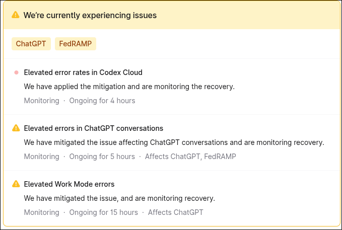 Clowdyffs's tweet photo. So today's improvement of speeding everything up... is followed by chatgpt being down..? give me the slower one back 😭 https://t.co/6RB5p7njE9