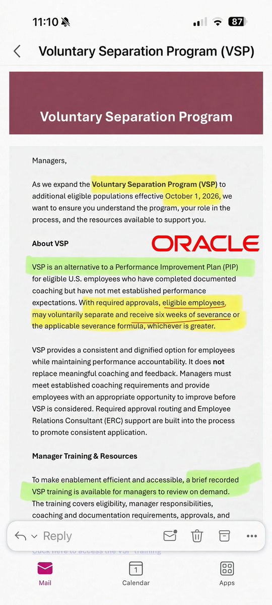Amanda_Goodall's tweet photo. Rumor, backed by email evidence: Oracle is now offering voluntary severance packages to leaders across the company.

The offer is six weeks of severance, plus an additional week for every year of service.

This is the latest coming out of Oracle. Still unconfirmed, but signs are pointing to another round of layoffs in December as Oracle continues its shift toward becoming a data center company.

The voluntary packages may only be the opening move. If the rumors are right, looks like December is when more cuts begin.