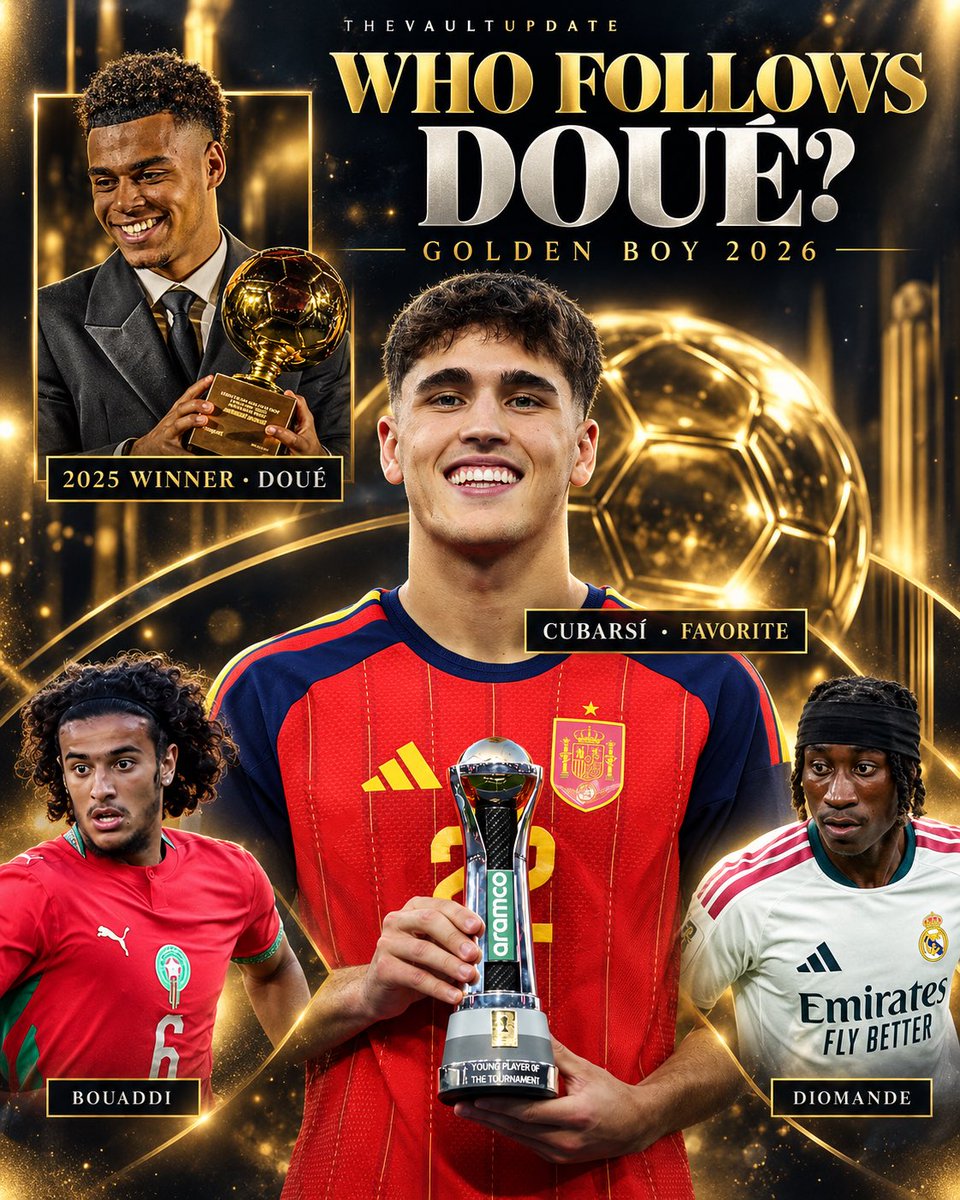 Josepintor80451's tweet photo. 🏆✨ WHO FOLLOWS DOUÉ?

The 25 Golden Boy 2026 finalists are here! 📋🌟 Désiré Doué won last year; now Pau Cubarsí leads the race, with Ayyoub Bouaddi and Yan Diomande among the names chasing the award. 👀🔥

Who gets your vote? 🗳️⚽

🇪🇸🏆 ¿QUIÉN SUCEDERÁ A DOUÉ?

¡Ya se conocen los 25 finalistas del Golden Boy 2026! 📋🌟 Désiré Doué ganó el año pasado; ahora Pau Cubarsí encabeza la carrera, con Ayyoub Bouaddi y Yan Diomande entre los candidatos. 👀🔥

¿A quién le darías tu voto? 🗳️⚽

Fuente: @Tuttosport