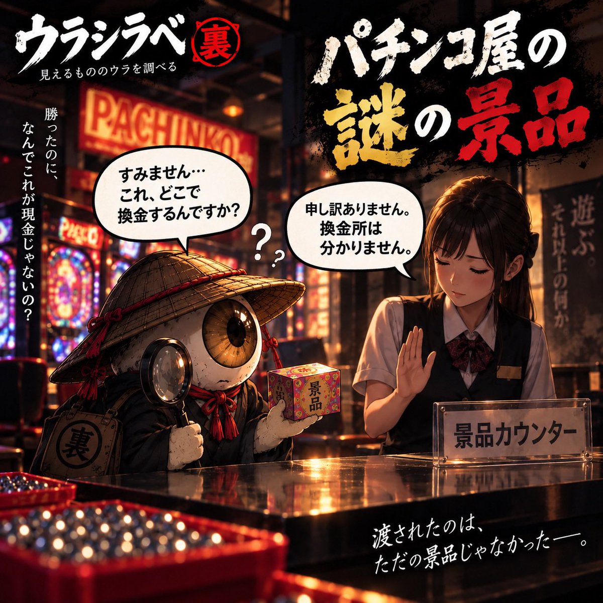 urashirabe's tweet photo. 「パチンコ屋の“謎の景品”」

パチンコで勝った。

ウラシラベ「よし、換金しよ。」

景品カウンターへ。

店員「こちらになります。」

渡されたのは……

謎の小さな景品。

ウラシラベ「…………なにこれ？」

現金じゃない。

まあいい。きっとこれを、どこかで換金するんだろう。

ウラシラベ「すみません、換金所ってどこですか？」

店員「分かりません。」

…………。

「え？」

いやいやいや。あなたが今これ渡したよね？

なんで景品は渡してくれるのに、その先は急に知らないことになるの？

気になったから、ウラを調べてみよう🔎

🔎 ウラシラベ報告書 No.023

まず分かったのが、店員さんが急に記憶喪失になったわけではなかった。

そもそもパチンコ店は、現金を賞品として渡すことができない。風営法23条で禁止されている。

じゃあ、景品をもらって……

ウラシラベ「これ、そちらで買い取ってください。」

店員「それもできません。」

「え？」

実は、パチンコ店が客に渡した景品を、その店自身が買い取ることも禁止されている。

現金は渡せない。景品を自分で買い戻すこともできない。

そこで出てくるのが、店とは別の景品買取所。

パチンコ店「景品を渡します。」
客「もらいます。」
買取所「その景品、買います。」
客「現金になった。」

……。

急に登場人物が増えた。

これが、いわゆる「三店方式」と呼ばれる仕組み。

だから、パチンコ店と景品を買い取る場所は、同じ店ではない。

ここまで調べて、「なるほどね。」で終わるはずだった。

でも、もう少しウラを調べてみたら……

話が戦後まで遡った。

警察庁の白書を見ると、戦後の混乱期から復興期にかけて、暴力団が関わった権益の一つとして、闇市、公営ギャンブルへの介入、覚醒剤、興行、そして……「パチンコの景品買い」まで記録されている。

さらに時代が進んでも、パチンコ業界と暴力団の関係は問題になっていた。

1992年。東京・北沢地区では、パチンコ店と景品交換所が、暴力団の資金源を断つために「新景品交換方式」を導入。

すると、関係者宅への発砲などの嫌がらせまで起きていたことが、警察白書に残っている。

……。

ウラシラベ「ちょっと待って。」

私が知りたかったの、換金所の場所だったよね？

最初はただ、店員さんに「換金所どこですか？」と聞いただけだった。

でも、あの小さな景品のウラを辿っていったら、法律を通って、戦後のパチンコと暴力団の歴史まで出てきた。

……。

換金所を探してたはずなのに、ずいぶんウラまで来ちゃったね🔎