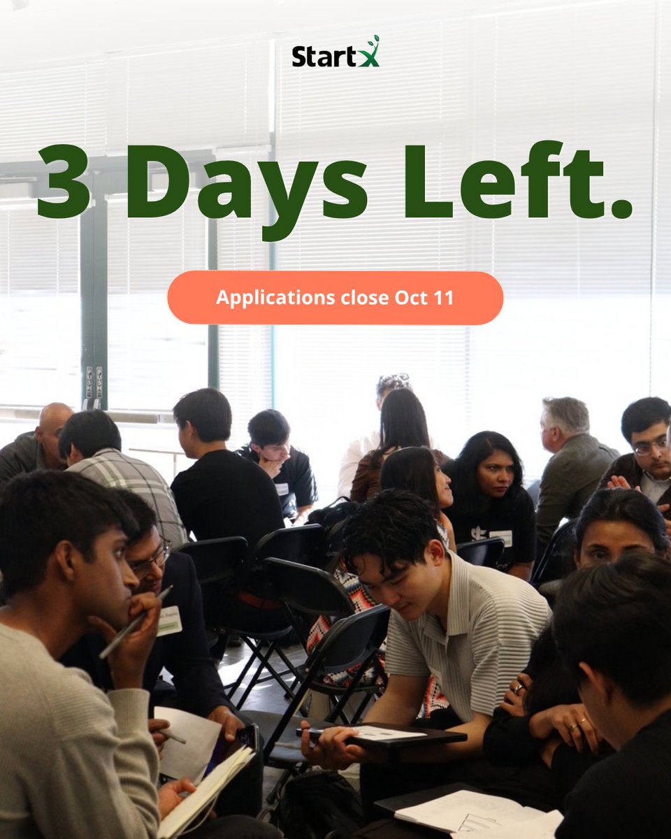StartX's tweet photo. 3 days left to apply to StartX Spring 2027!

A tip: judges look for your ability to execute. Show that you understand your milestones and how you're tracking against them. If progress was slower in places, say why.

Apply: https://t.co/g5HDiOVj8Y

#StartX #StanfordFounders https://t.co/SMQXNk6zBp