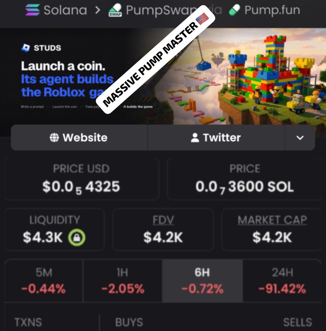 Massivepumpmast's tweet photo. Dropped $STUDS in my private group at around a $4.2K mcap — now around $217K. 💯🔥
That’s a massive move from the early level.📈
Follow me and join the TG + Discord for more setups, calls, and market insights. 🚀

CA: EHwZjQen7jjfU3SVSHrpkWZCGqRRyTYq3gWbHQXojB3A
#Crypto #Trading #Altcoins