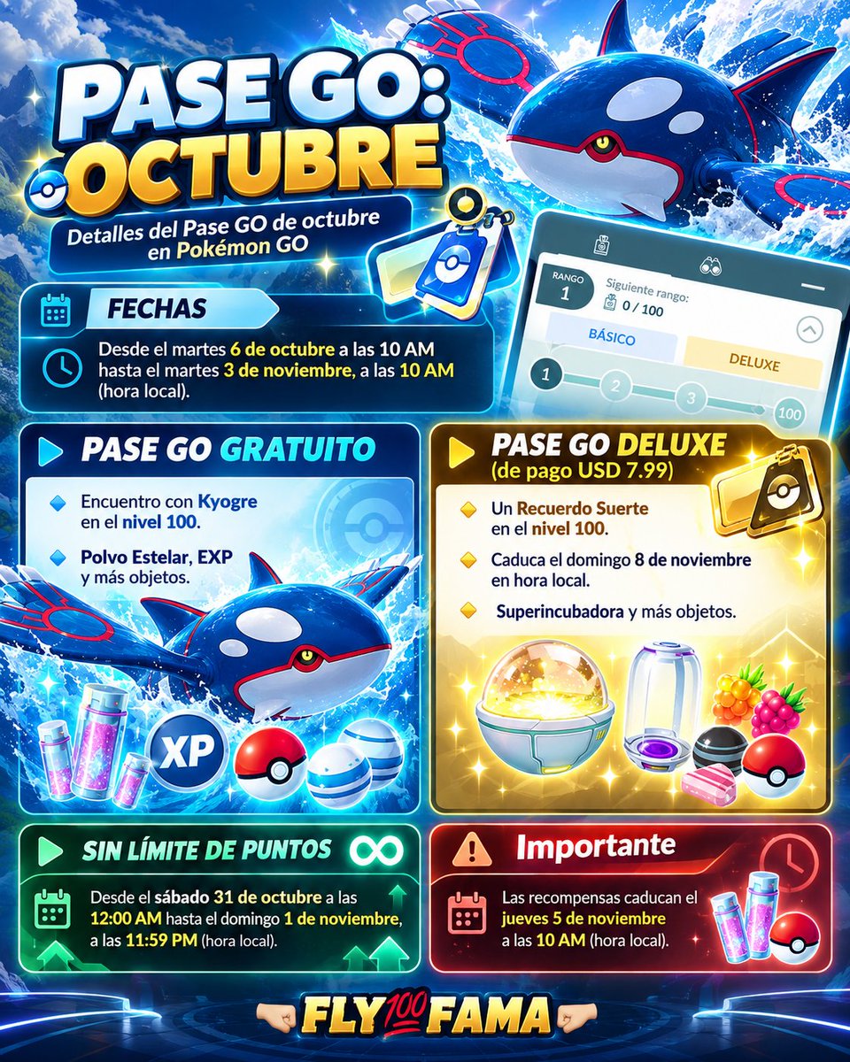 martinezhuevo's tweet photo. 🔥 ¡OCTUBRE VIENE BRUTAL EN POKÉMON GO!
🐋 Kyogre + 🍀 Talismán Suerte + 🎁 recompensas
📅 6 OCT – 3 NOV
#PokemonGO #GOPass #Kyogre https://t.co/ORnzk8WCgY