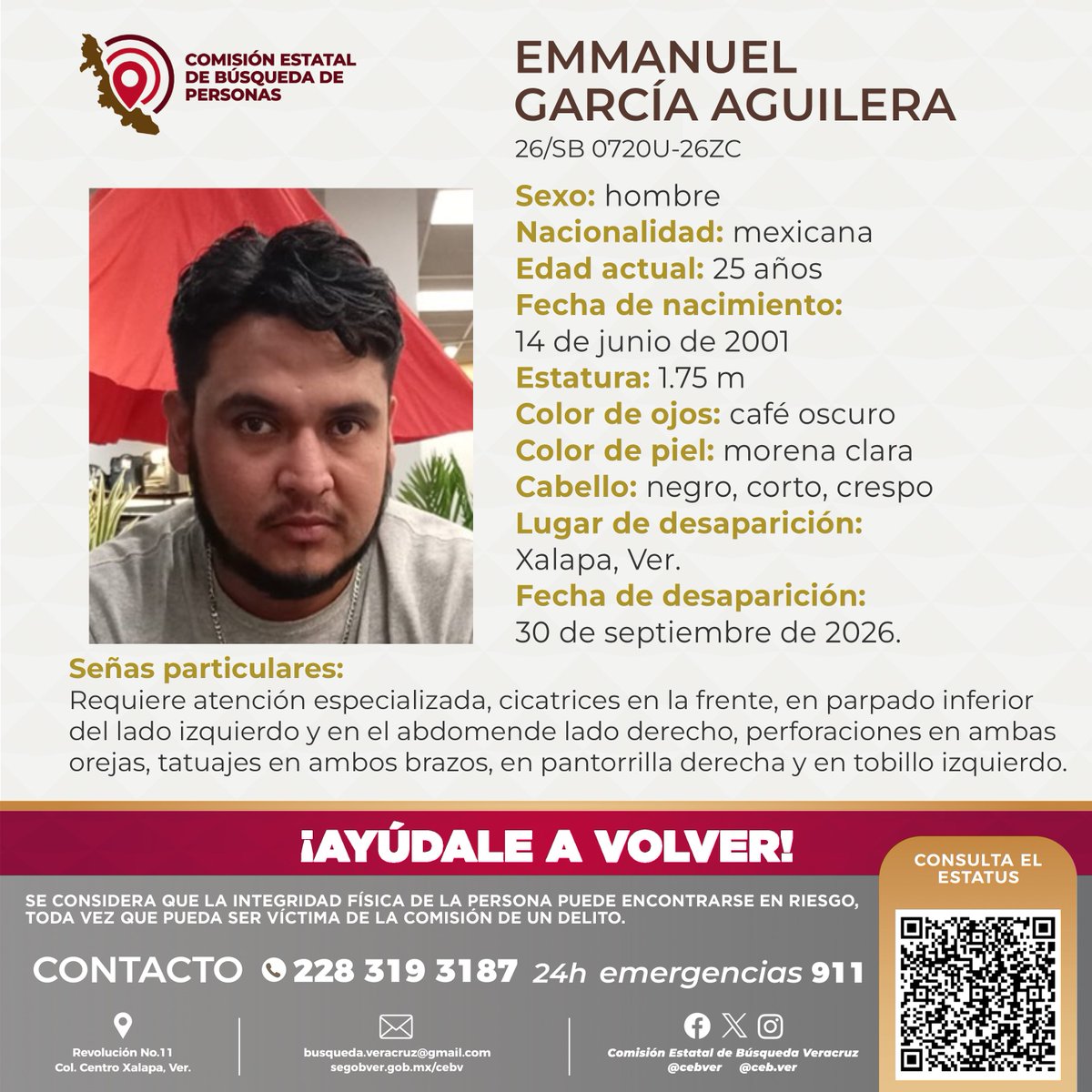 cebver's tweet photo. Solicitamos su colaboración para localizar al C. Emmanuel García Aguilera, cualquier información contactar al número y/o correo que aparece al margen de este boletín.
#Xalapa #Coatepec #Banderilla https://t.co/2UwYdx3Zmi
