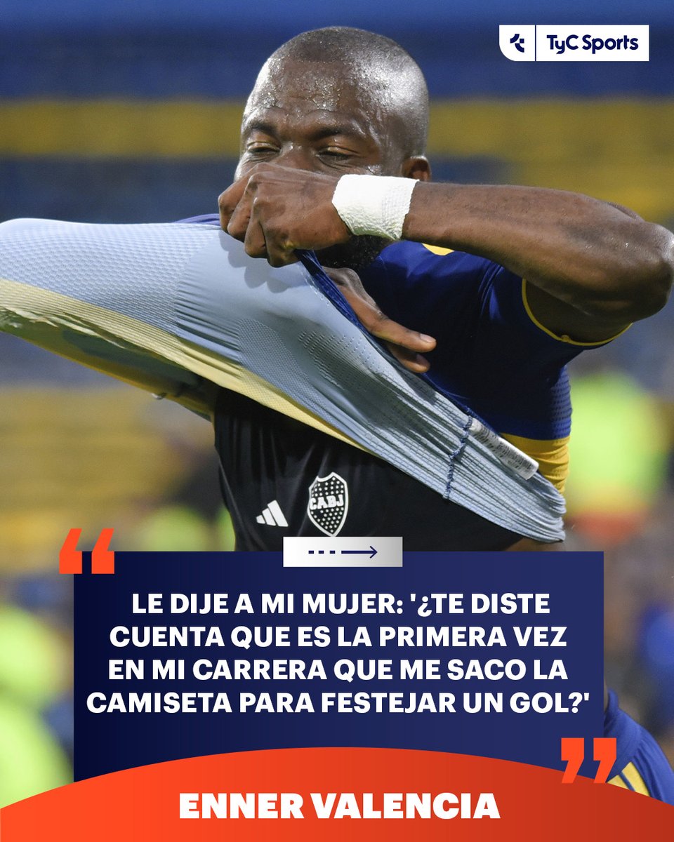 TyCSports's tweet photo. 🔵🟡🇪🇨 A poco más de una semana de ser el héroe de Boca en la clasificación frente a Racing por Copa Argentina, Enner Valencia realizó una peculiar serie de confesiones respecto a su histórico hat-trick:

🗣️ "Le dije a mi mujer: '¿Te diste cuenta que es la primera vez en mi carrera que me saco la camiseta para festejar un gol?' Nunca lo había hecho, pero esta vez estallé con toda la gente. Es lo que se vivió en el estadio, el ambiente, lo de la gente es realmente conmovedor. Fueron momentos maravillosos que los voy a llevar para siempre conmigo. En el cabezazo hay algo de técnica, pero también me sale natural. La clave es el timing del salto, tengo buena fuerza en la pierna izquierda y así me impulso. Los centros de Lautaro Blanco, Sebastián Villa y Carlos Palacios fueron espectaculares y fuertes, solo tuve que darles dirección. Lo que vivimos fue hermoso y merecido, pero somos conscientes de que no terminó".

🎙️ Desde la Boca