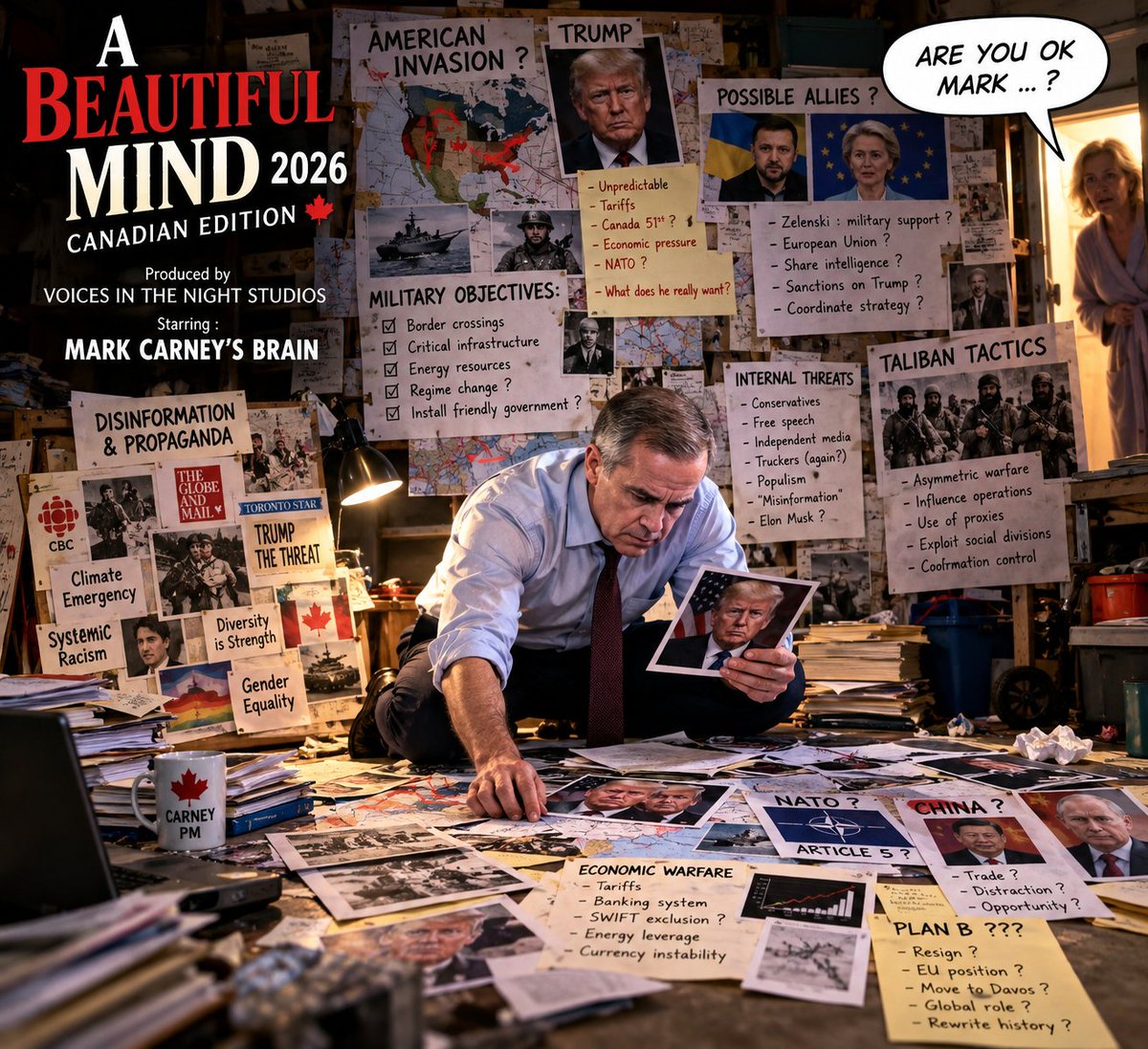 MartinVadebonc1's tweet photo. A BEAUTIFUL MIND — CANADIAN EDITION 🇨🇦
When every problem leads back to Trump…
you’re gonna need a bigger wall. 😂
Produced by VOICES IN THE NIGHT STUDIOS
Starring: Mark Carney’s Brain
“Are you OK, Mark…?”
#ABeautifulMind #CanadianEdition #MarkCarney #PoliticalSatire #GENEXNOVA