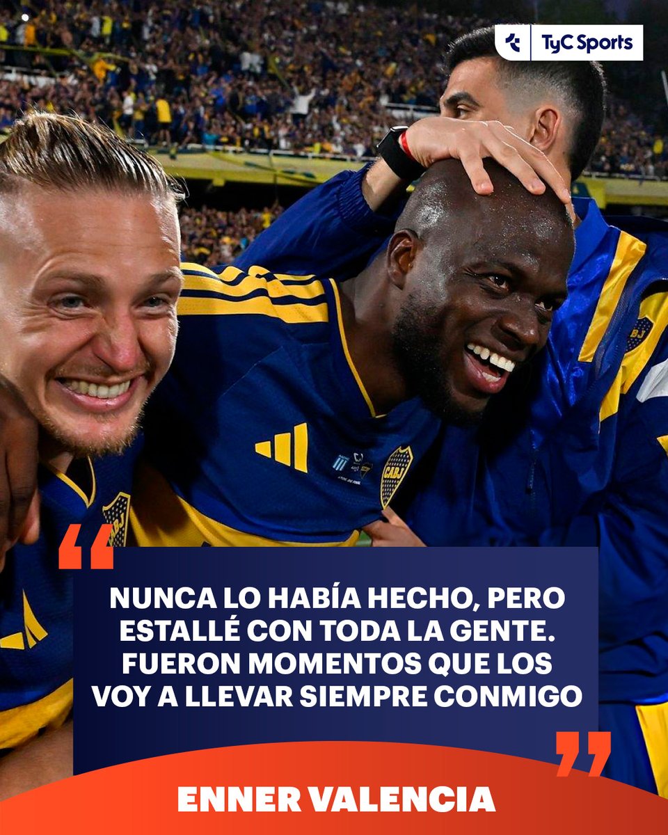 TyCSports's tweet photo. 🔵🟡🇪🇨 A poco más de una semana de ser el héroe de Boca en la clasificación frente a Racing por Copa Argentina, Enner Valencia realizó una peculiar serie de confesiones respecto a su histórico hat-trick:

🗣️ "Le dije a mi mujer: '¿Te diste cuenta que es la primera vez en mi carrera que me saco la camiseta para festejar un gol?' Nunca lo había hecho, pero esta vez estallé con toda la gente. Es lo que se vivió en el estadio, el ambiente, lo de la gente es realmente conmovedor. Fueron momentos maravillosos que los voy a llevar para siempre conmigo. En el cabezazo hay algo de técnica, pero también me sale natural. La clave es el timing del salto, tengo buena fuerza en la pierna izquierda y así me impulso. Los centros de Lautaro Blanco, Sebastián Villa y Carlos Palacios fueron espectaculares y fuertes, solo tuve que darles dirección. Lo que vivimos fue hermoso y merecido, pero somos conscientes de que no terminó".

🎙️ Desde la Boca