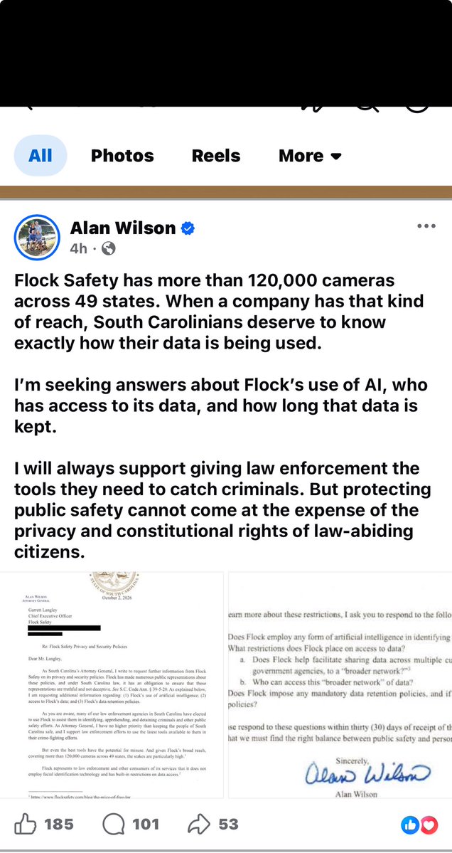 MattdurhamOC's tweet photo. Today, Attorney General Alan Wilson said that “protecting public safety cannot come at the expense of the privacy and constitutional rights of law-abiding citizens” and that South Carolinians “deserve to know exactly how their data is being used.”

Also today, Sheriff Crenshaw forwarded me an Attorney General’s opinion dated Friday concerning Oconee County’s Protection from Mass Surveillance ordinance. The opinion takes the position that Flock cameras are constitutional.

The contrast is difficult to ignore. In the opinion, the Attorney General takes the position that the use of Flock cameras is constitutional. Yet today, he is seeking answers from Flock while publicly warning that public safety cannot come at the expense of citizens’ constitutional rights and privacy. Those are many of the same concerns that led us to act in the first place.

At the end of the day, an Attorney General opinion is just that, an opinion. It is not a lawful order.

There are significant questions the opinion does not address.

Just last week, a federal court held that a warrantless search of approximately 30 days of historical ALPR location data constituted a Fourth Amendment search. The court described the system as “indiscriminate mass surveillance” and suppressed the evidence. That ruling is not binding in South Carolina, but it is directly relevant to the constitutional question and is not addressed in the opinion.

The opinion also specifically acknowledges that Sheriff Crenshaw asked whether County Council has the legal right to review the unredacted Flock audit logs and data showing how the system has actually been used in Oconee County, records Sheriff Crenshaw has not provided in response to County Council’s request and has said would cost approximately $80,000 to produce. The opinion never answers that question.

That is difficult to reconcile with today’s call for transparency from Flock. If South Carolinians deserve to know exactly how their data is being used, then whether their elected County Council can review the audit logs showing how that system has actually been used locally is a significant question that deserves an answer.

Although the opinion issued by his office does not fully align with Attorney General Wilson’s public statement today, I agree with what he said: “protecting public safety cannot come at the expense of the privacy and constitutional rights of law-abiding citizens.” That is exactly why Oconee County has been asking these questions.

In full transparency, below is the response I sent to Sheriff Crenshaw. I also copied Attorney General Wilson so he could see exactly what concerns remain unresolved.