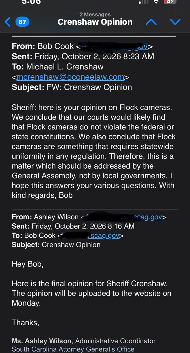 MattdurhamOC's tweet photo. Today, Attorney General Alan Wilson said that “protecting public safety cannot come at the expense of the privacy and constitutional rights of law-abiding citizens” and that South Carolinians “deserve to know exactly how their data is being used.”

Also today, Sheriff Crenshaw forwarded me an Attorney General’s opinion dated Friday concerning Oconee County’s Protection from Mass Surveillance ordinance. The opinion takes the position that Flock cameras are constitutional.

The contrast is difficult to ignore. In the opinion, the Attorney General takes the position that the use of Flock cameras is constitutional. Yet today, he is seeking answers from Flock while publicly warning that public safety cannot come at the expense of citizens’ constitutional rights and privacy. Those are many of the same concerns that led us to act in the first place.

At the end of the day, an Attorney General opinion is just that, an opinion. It is not a lawful order.

There are significant questions the opinion does not address.

Just last week, a federal court held that a warrantless search of approximately 30 days of historical ALPR location data constituted a Fourth Amendment search. The court described the system as “indiscriminate mass surveillance” and suppressed the evidence. That ruling is not binding in South Carolina, but it is directly relevant to the constitutional question and is not addressed in the opinion.

The opinion also specifically acknowledges that Sheriff Crenshaw asked whether County Council has the legal right to review the unredacted Flock audit logs and data showing how the system has actually been used in Oconee County, records Sheriff Crenshaw has not provided in response to County Council’s request and has said would cost approximately $80,000 to produce. The opinion never answers that question.

That is difficult to reconcile with today’s call for transparency from Flock. If South Carolinians deserve to know exactly how their data is being used, then whether their elected County Council can review the audit logs showing how that system has actually been used locally is a significant question that deserves an answer.

Although the opinion issued by his office does not fully align with Attorney General Wilson’s public statement today, I agree with what he said: “protecting public safety cannot come at the expense of the privacy and constitutional rights of law-abiding citizens.” That is exactly why Oconee County has been asking these questions.

In full transparency, below is the response I sent to Sheriff Crenshaw. I also copied Attorney General Wilson so he could see exactly what concerns remain unresolved.
