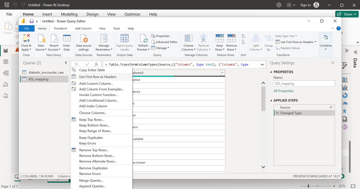 MoonChi222's tweet photo. #healficahealthdatachallenge 
Quick Power Query lesson I learned today while cleaning messy mapping files 👇
I had 3 distinct lookup tables trapped in ONE CSV file. Here is how I cleaned it up:
1. Set ID columns to Whole Number to prevent dropped rows during merges. https://t.co/4gXsOF2wlh