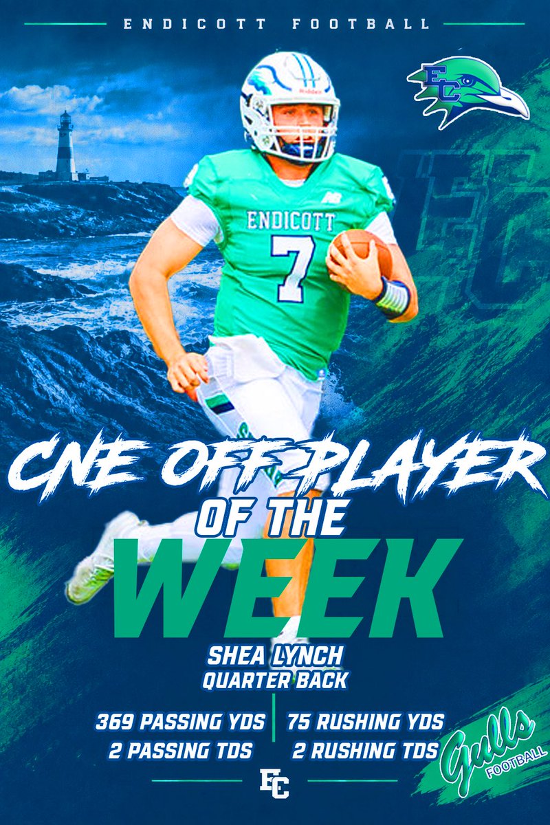 EndicottFB's tweet photo. Congrats to Shea Lynch on winning @CNE_Sports Offensive Player of the Week‼️

#BeachBall 🏈🐦🏖️#M2DEINB6VERLY ☀️🌊 https://t.co/8o5nGkOKNW