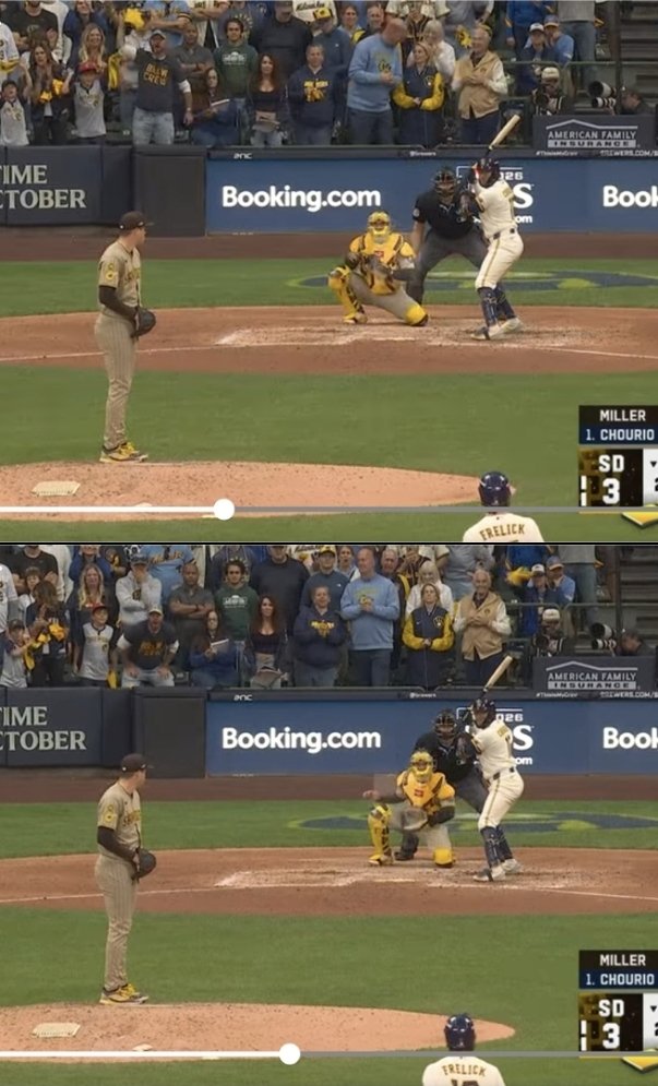 REarth86403's tweet photo. @djminkster @JustBB_Media These are just shots taken at different times during the stretch. This is the slider he laid off vs the fastball he hit. Much more subtle difference, if any, than all the posts on x are showing https://t.co/Kq4OUqnNlh