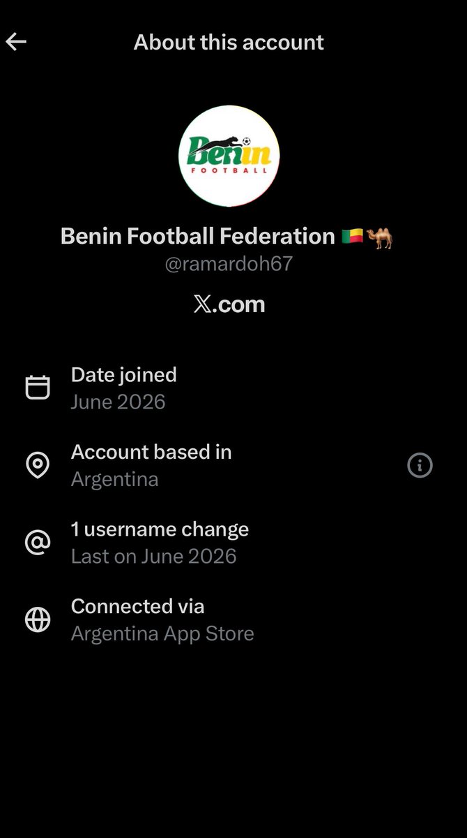 Stanleyoyiga's tweet photo. @ramardoh67 Benin Football Federation account activated in June 2026, based in Argentina,  posts in Spanish and username is @ramardoh67…. 100% fake account. Don’t take it seriously 😩 https://t.co/Rs7JRoRTpK