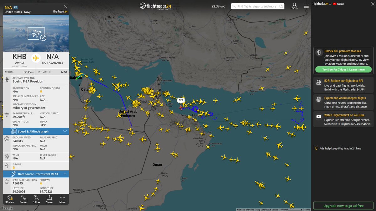 AIYeyENGDdJkjTr's tweet photo. Oct. 6, 2026
#Isa Air Base, Bahrain ==> #Arabian Sea #Gulf of Oman
#NoCALLSIGN #AE6845 USN P-8A Poseidon
#Isa Air Base, Bahrain ==> #Persian Gulf
#NoCALLSIGN #AE5C63 USN P-8A Poseidon https://t.co/bNxnkoZJKW