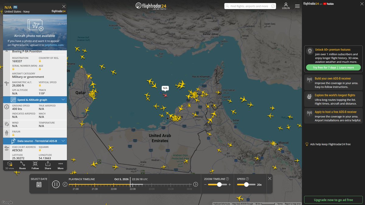 AIYeyENGDdJkjTr's tweet photo. Oct. 6, 2026
#Isa Air Base, Bahrain ==> #Arabian Sea #Gulf of Oman
#NoCALLSIGN #AE6845 USN P-8A Poseidon
#Isa Air Base, Bahrain ==> #Persian Gulf
#NoCALLSIGN #AE5C63 USN P-8A Poseidon https://t.co/bNxnkoZJKW