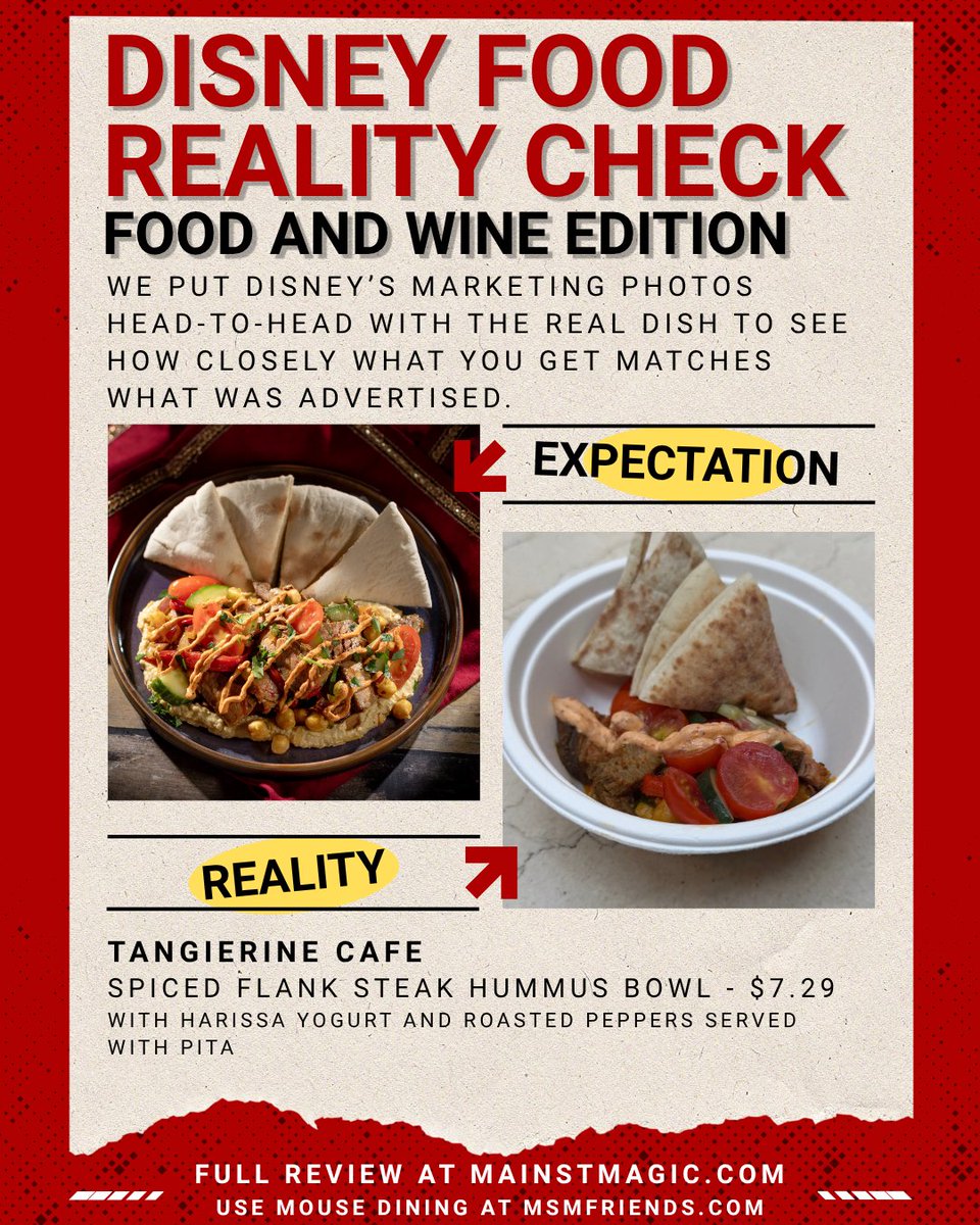 mainstmagic's tweet photo. Remember what I said two days ago about the plant-based dish at this booth?

Good, because I’m about to copy most of my own homework.

The Spiced Flank Steak Hummus Bowl isn’t as pretty as the picture, but it packs more flavor than almost any other festival item.

Sound familiar? Listen, if they can use hummus twice, I can use a review twice.

Same booth. Same delicious flavors. Slightly less plant-based this time...