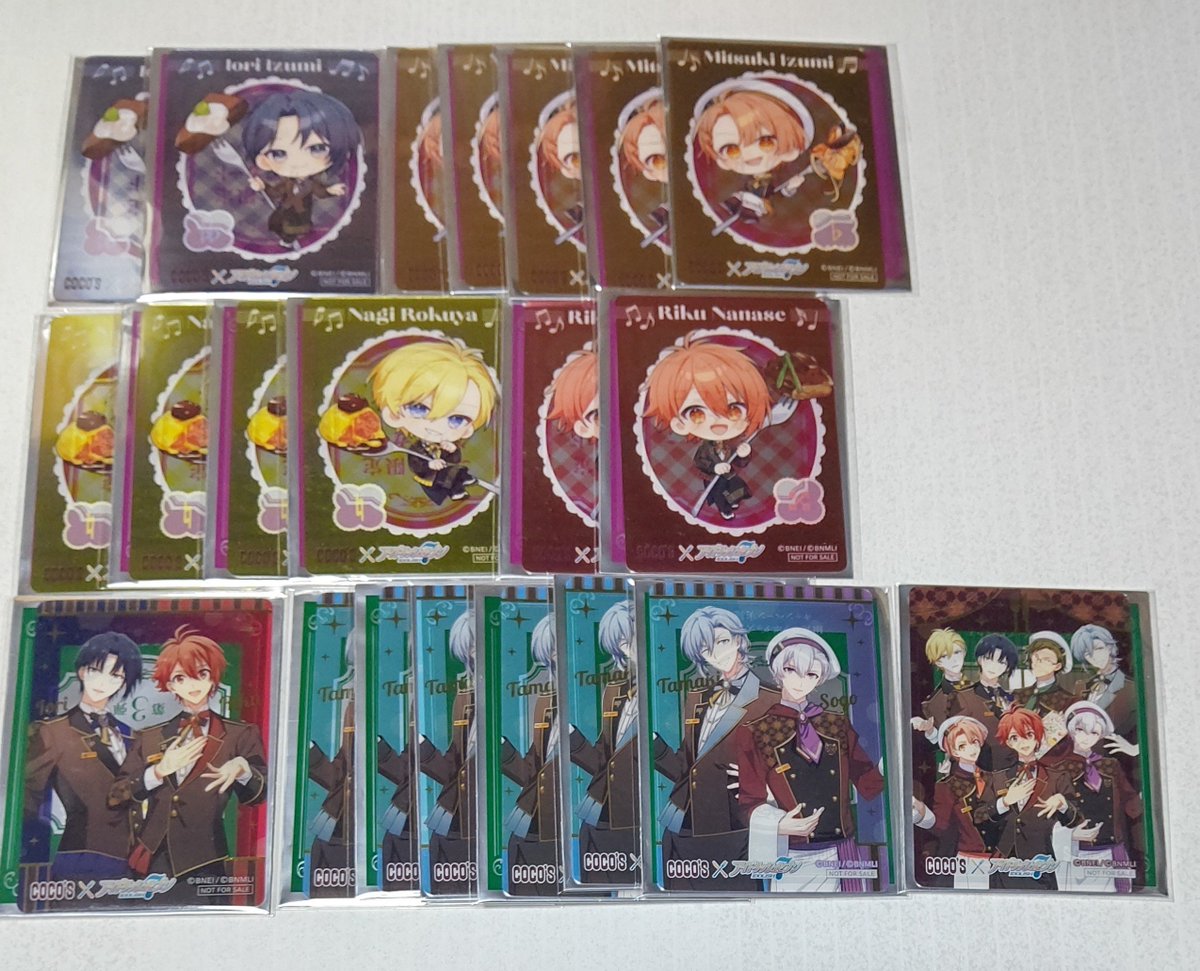 unimal2's tweet photo. [交換]
アイナナ COCO'S ココス クリアカード

求⇒大和A
大和B(Bとの交換のみ）

譲⇒画像参照
一織 三月 環 壮五 ナギ 陸 フラウェメッゾ 集合

一部枚数確認中のためお返事遅れます

郵送、手渡し(固定リプ欄参照)

#ととな取引 https://t.co/Vhm3Np2Ped