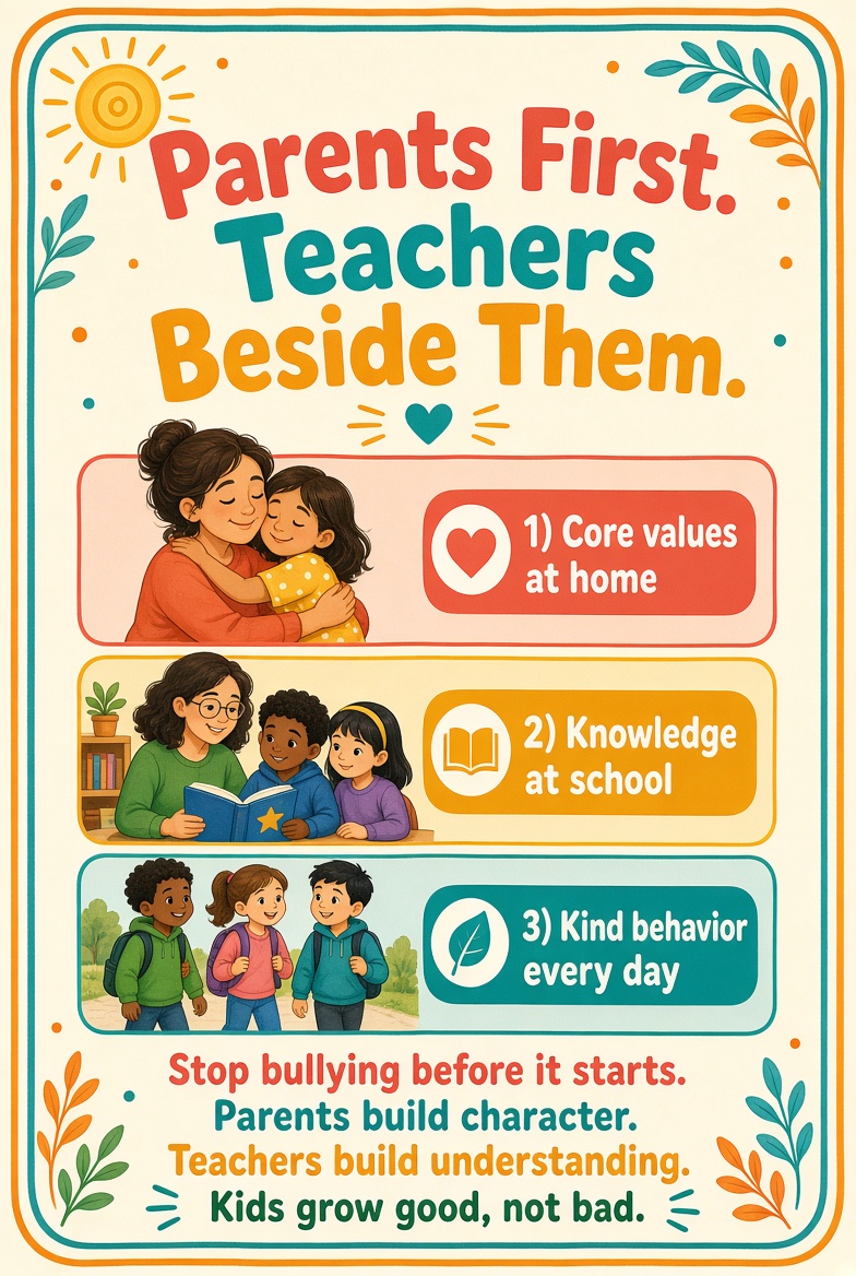 BibieSheila's tweet photo. Parents set the foundation: kindness, respect, honesty, and how a child treats others. Teachers reinforce that with learning, classroom rules, and daily practice so children grow confident instead of becoming bullies or targets. #SayNoToBully https://t.co/mWpQFzr3PT