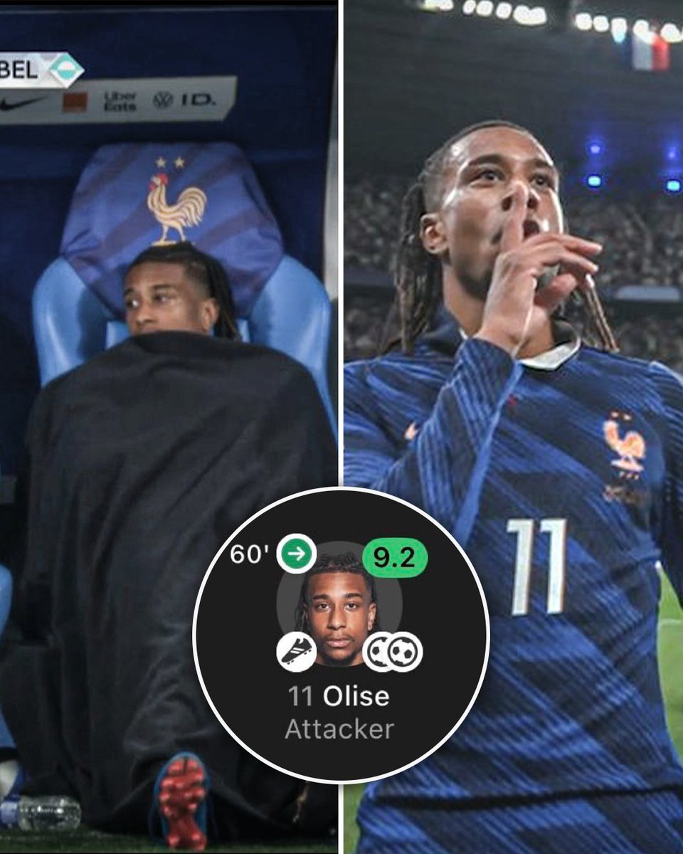 ESPNFC's tweet photo. Michael Olise was cozied up in a blanket on the bench before subbing on and scoring a brace in 3 minutes 😭🔥

The Olise effect 🇫🇷 https://t.co/hzywuRmAxZ