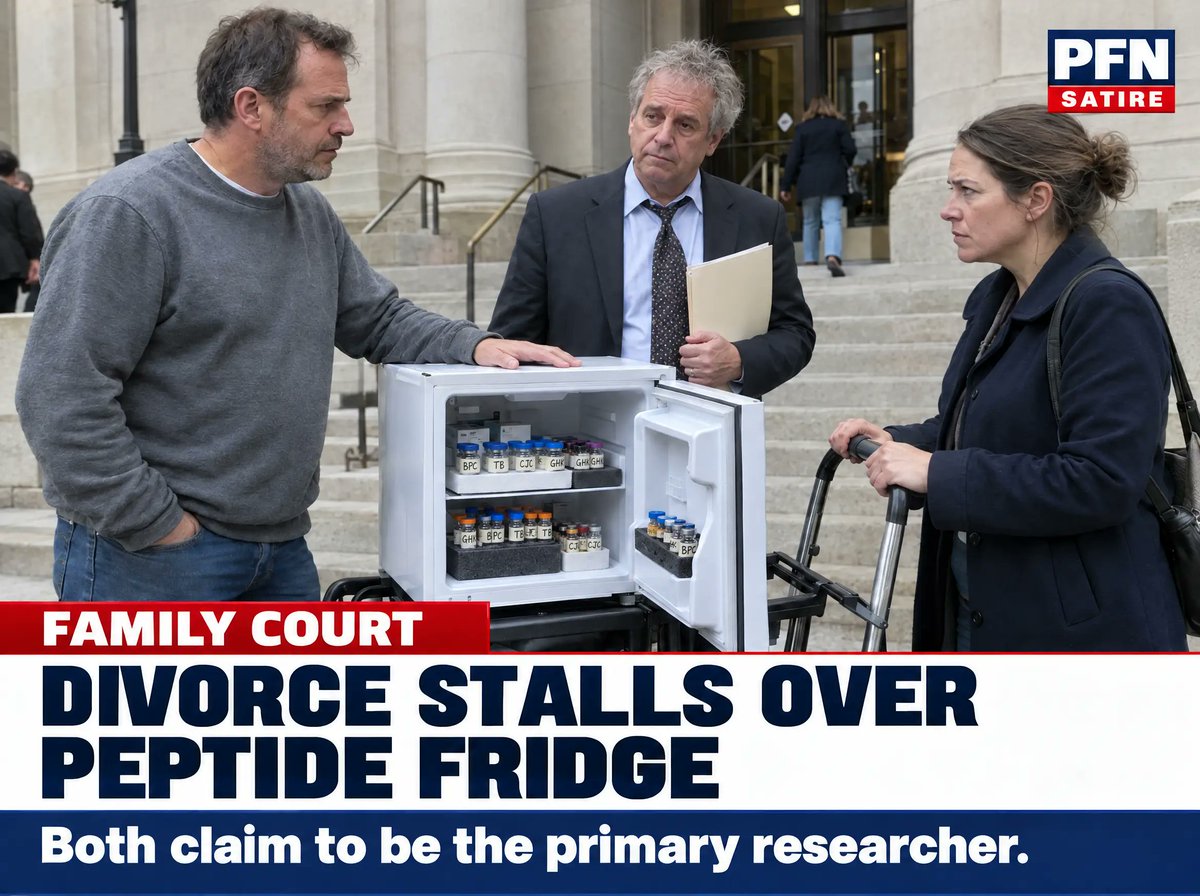 pepfanatics's tweet photo. 🛑 Breaking news:  First peptide couple divorce. 

Judge suggested alternate weekends.

They asked about the cold chain. https://t.co/aoiwm1cVy7