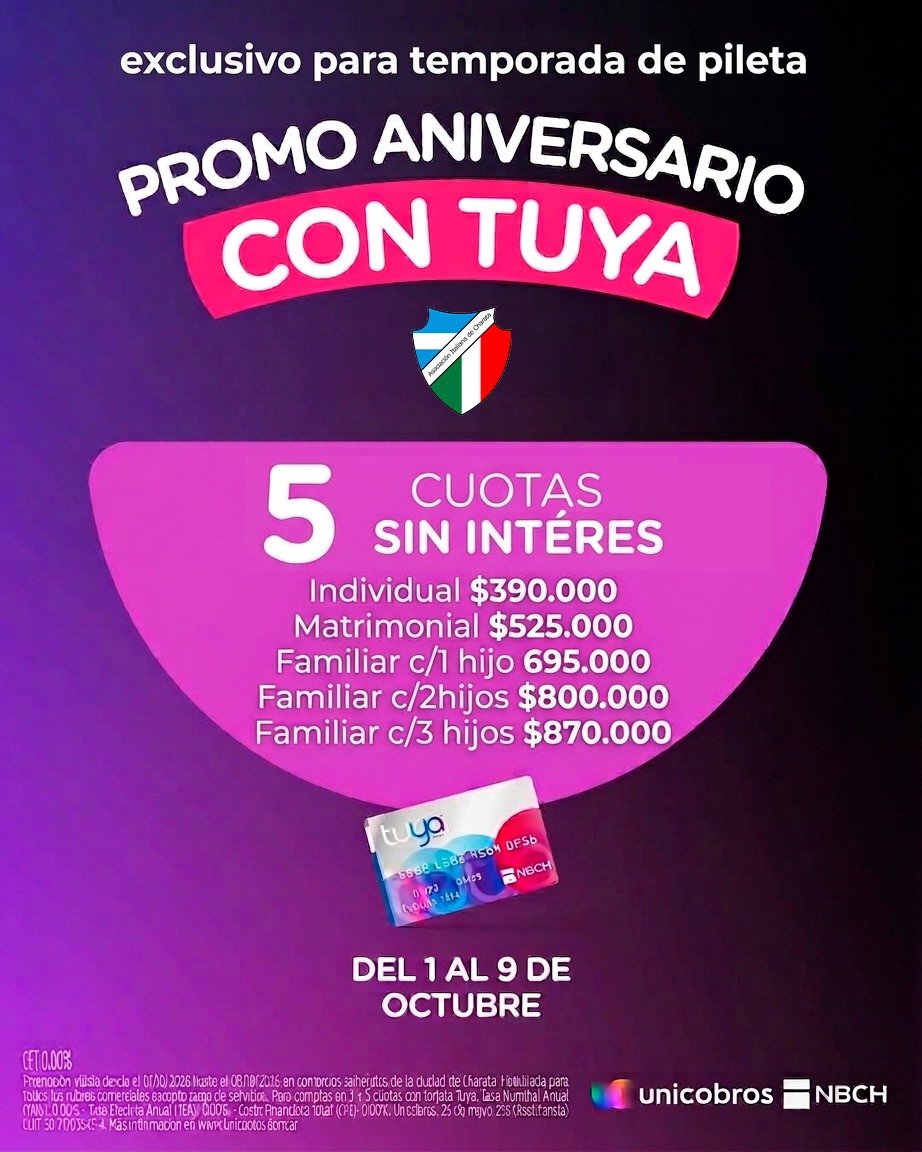 AsocItalianaCh's tweet photo. Temporada de Pileta  abierta en Asociación Italiana. 

Los esperamos.

Consulta precios y promociones de pago en Secretaría del club en calle Monseñor de Carlo 320.

Los esperamos. https://t.co/XZLwP2LWKP