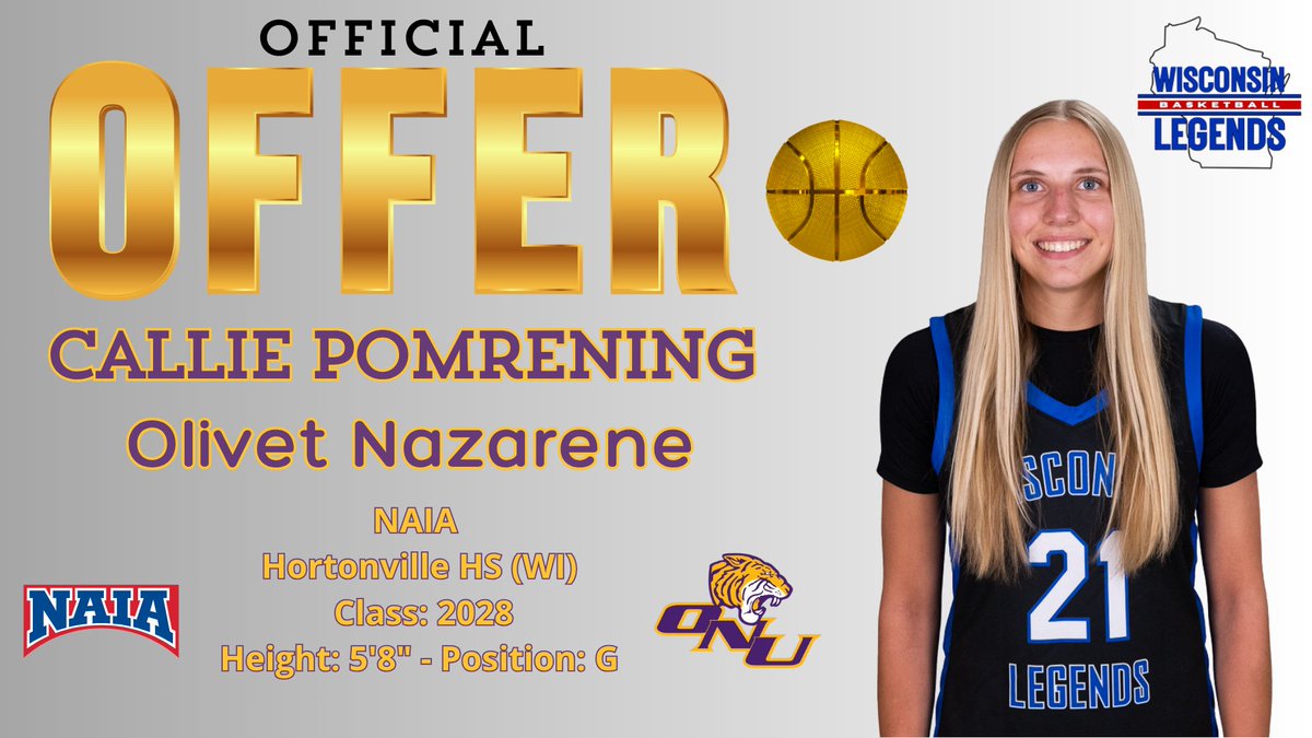 wilegends's tweet photo. 🚨OFFICIAL OFFER ALERT🚨
Congrats to OUR LEGEND @Calliepomrening for earning an NAIA Offer from @ONU_Tigerball 👏
Thank you Head Coach @calebjohnson82 & Staff for believing in OUR LEGENDS🤟
#BeALEGEND #LEGENDSLiveHERE https://t.co/eZftrZDN2a