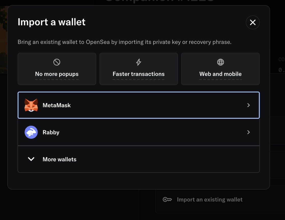 bored_btc's tweet photo. 1/7
@opensea quietly added a flow where you can paste your raw seed phrase or private key straight into the checkout window to link an existing wallet. https://t.co/QXtwOCaqkL