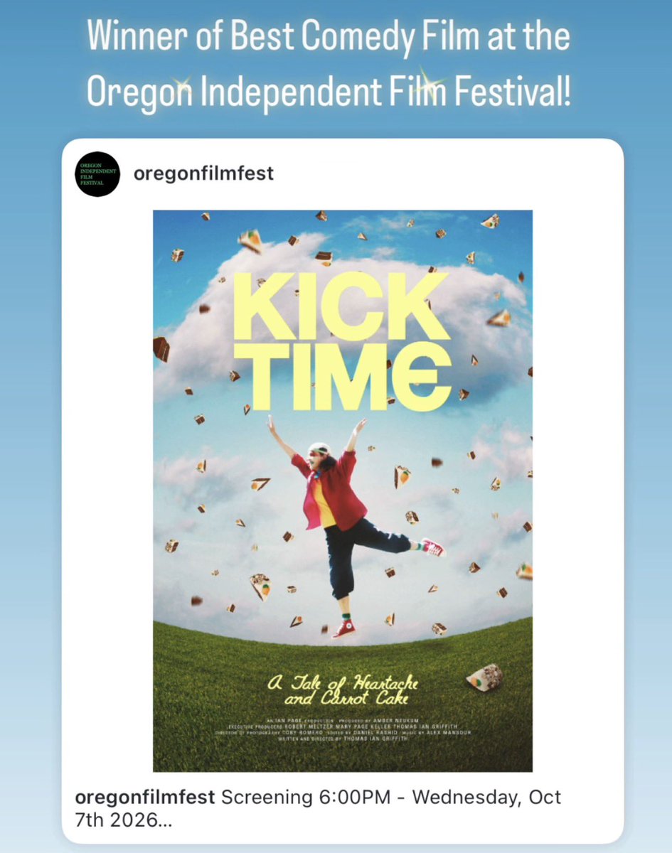 Mary__McCain's tweet photo. This is amazing news!! 🤩
Kick Time wins for ‘Best Comedy Film’ at the Oregon Independent Film Festival!🙌🏻
Congratulations to the cast and crew!🥇
Thank you, Thomas, for sharing! And congrats!👏🏻
#KickTime https://t.co/leqvmWJv7t