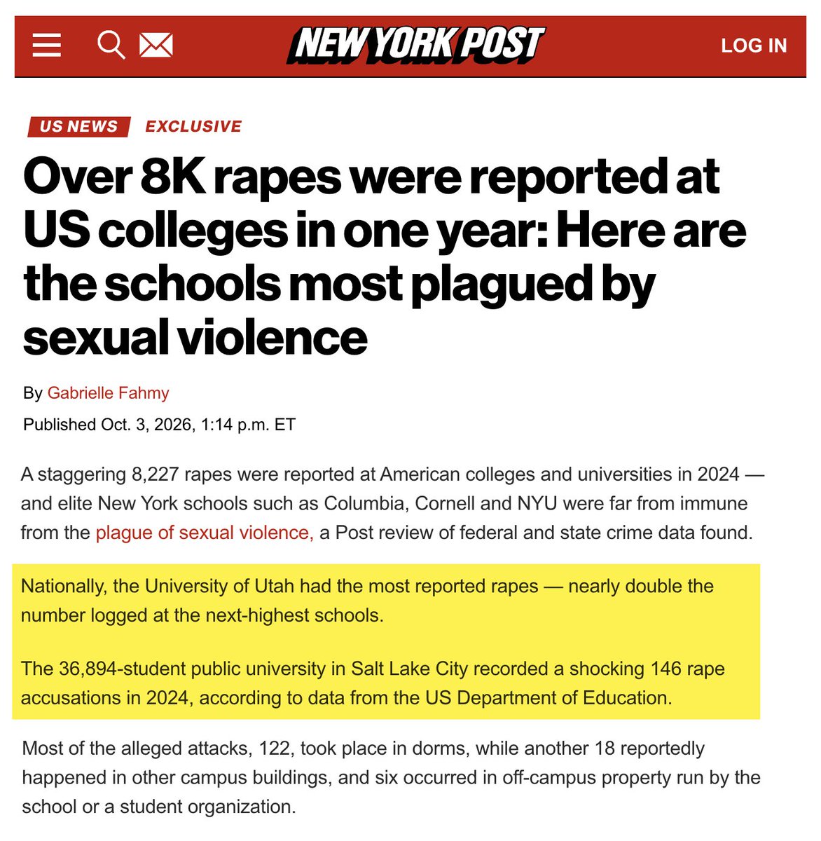 mtracey's tweet photo. NY Post claimed to "exclusively" report that the University of Utah is the most rape-plagued campus in the USA, but failed to note that 81% of these purported rape reports were made by a single "survivor/victim" who reported being "raped by their intimate partner" 260 times https://t.co/TRbtaZmnww