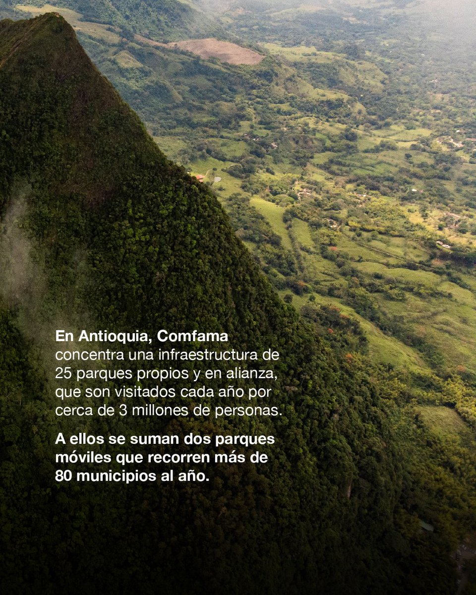 Comfama's tweet photo. En 10 años, nuestra red de parques creció para llevar más posibilidades de disfrute, encuentro y conexión con la naturaleza a distintas regiones de Antioquia. Y con ella, también creció nuestro compromiso de cuidar los ecosistemas que hacen parte de estos espacios. 🌳🦋🐮

Sumamos 13 nuevos parques y consolidamos una red de 23 parques propios y en alianza, y dos parques móviles que recorren los municipios llevando experiencias de disfrute, encuentro y entretenimiento. 

💚 Pero nuestros parques no son solo lugares para disfrutar: también son hogar de 1.421 especies silvestres, algunas amenazadas y endémicas.

Cerro Tusa es uno de los más recientes. En 2025, #EnComfama asumimos su administración y operación, con una inversión de $8.816 millones. Ese año, 29.152 personas llegaron a esta montaña sagrada para conocerla, caminarla y disfrutarla. 🌄

😎 Y vienen más novedades para nuestra red: en los próximos años proyectamos nuevos espacios en Entrerríos y Santa Fe de Antioquia.

¿Cuál de nuestros parques es tu favorito? 👇