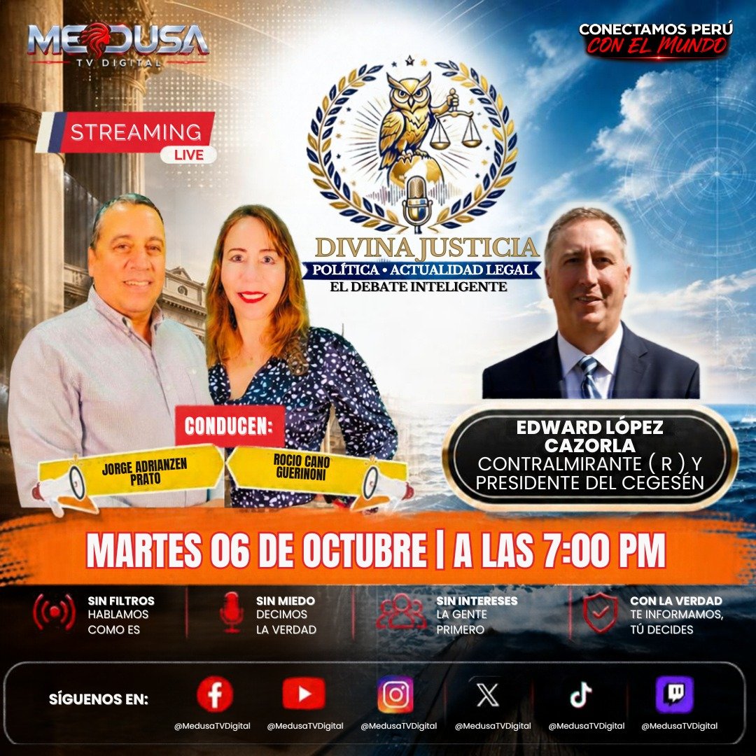 MedusaTVDigital's tweet photo. 🔴 𝗠𝗔𝗥𝗧𝗘𝗦 𝟬𝟲 | 𝟳:𝟬𝟬 𝗣. 𝗠.
⚖️ 𝗗𝗜𝗩𝗜𝗡𝗔 𝗝𝗨𝗦𝗧𝗜𝗖𝗜𝗔 con 𝗘𝗗𝗪𝗔𝗥𝗗 𝗟Ó𝗣𝗘𝗭 𝗖𝗔𝗭𝗢𝗥𝗟𝗔 y 𝗔𝗟𝗙𝗥𝗘𝗗𝗢 𝗦𝗢𝗧𝗘𝗟𝗢 𝗚𝗔𝗥𝗥𝗢 

🔴EN VIVO | MEDUSA TV DIGITAL
💬 “Los que otros callan... Acá se dice”

#DivinaJusticia #MedusaTVDigital #EnVivo https://t.co/61CfsBrCni