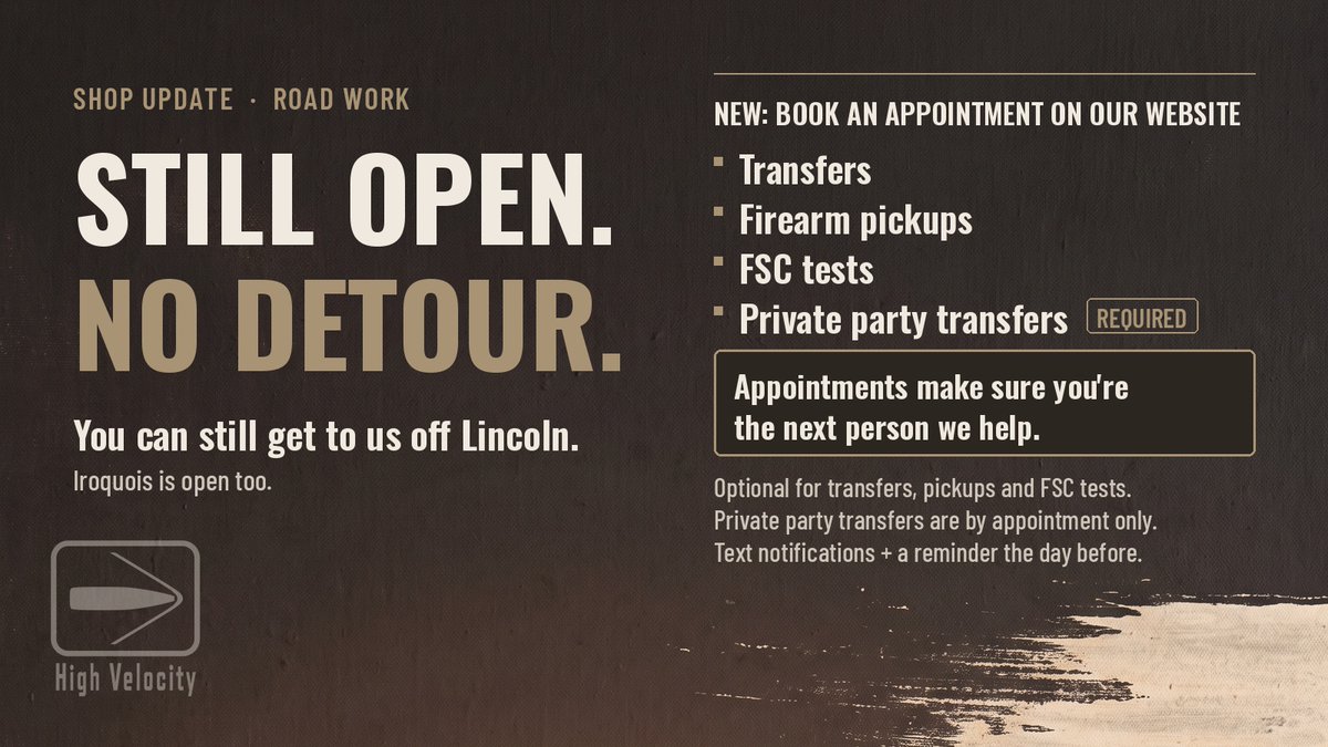 Hvgun835's tweet photo. We're still open during the road work, and you can still reach the shop off Lincoln. Iroquois is open too, so no detour needed.

We also have a new appointment system on our website for transfers, gun pickups, FSC tests and private party transfers. Details below. #Napa https://t.co/uOUU6SCn3I