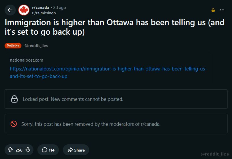 reddit_lies's tweet photo. The mods of r/Canada don't want the users to know that immigration is skyrocketing again. https://t.co/NbEs6PJbVL