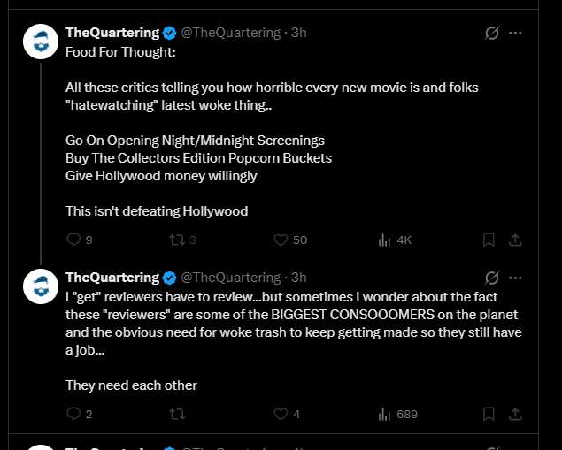 LutherTheWriter's tweet photo. IT'S YOU! THIS IS YOU! YOU ARE one of the "BIGGEST CONSOOMERS on the planet"! This is a man who was banned from Magic: The Gathering, made a whole career dunking on "woke MTG", AND STILL SPENT tens of thousands of dollars on Magic cards. Now he's going to tell people not to go to the movies? 

@TheQuartering needs some serious mental health treatment because this level of PROJECTION is worrisome.