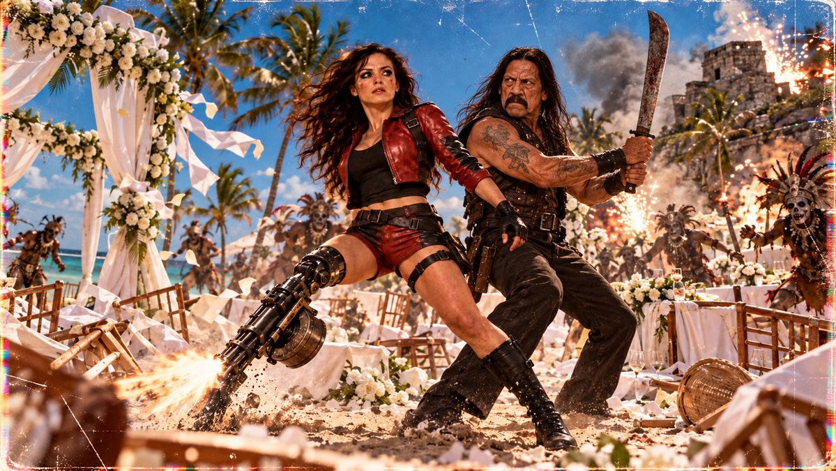 hansgruberhitit's tweet photo. Film 1: Planet Terror II: Fiesta of the Dead
The DC-2 virus washes ashore in Tulum. Cherry Darling gets a machine-gun leg, crashes a beachfront wedding with Machete, and El Mariachi never puts the guitar down.
#GrindhouseVerse #PlanetTerror #Machete #ElMariachi https://t.co/ne2RKfTgOz