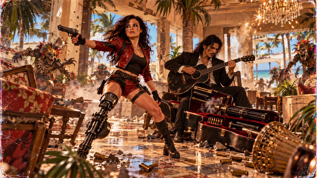 hansgruberhitit's tweet photo. Film 1: Planet Terror II: Fiesta of the Dead
The DC-2 virus washes ashore in Tulum. Cherry Darling gets a machine-gun leg, crashes a beachfront wedding with Machete, and El Mariachi never puts the guitar down.
#GrindhouseVerse #PlanetTerror #Machete #ElMariachi https://t.co/ne2RKfTgOz